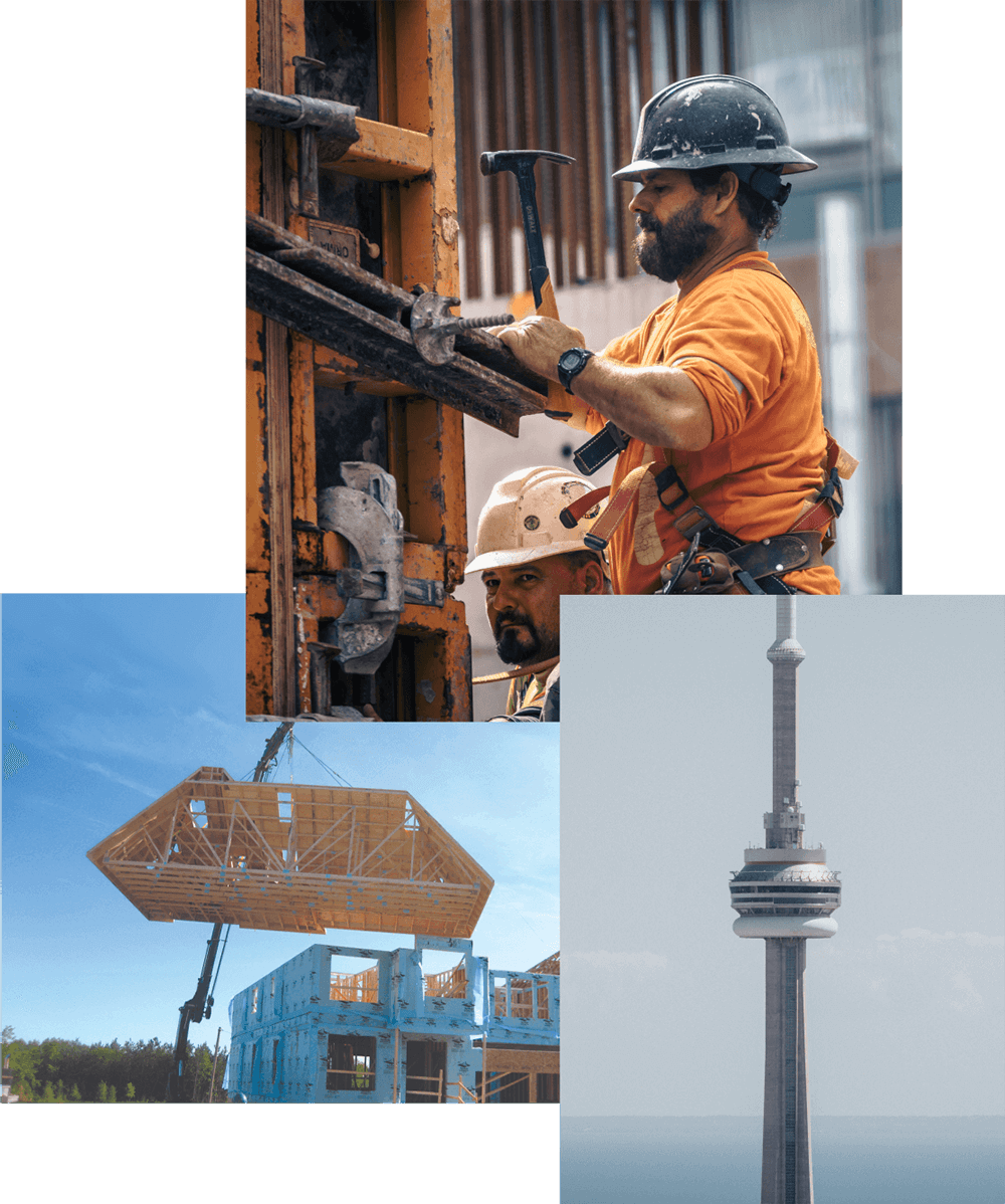 An image collage of construction workers, a crane placing a roof on a home and the CN Tower